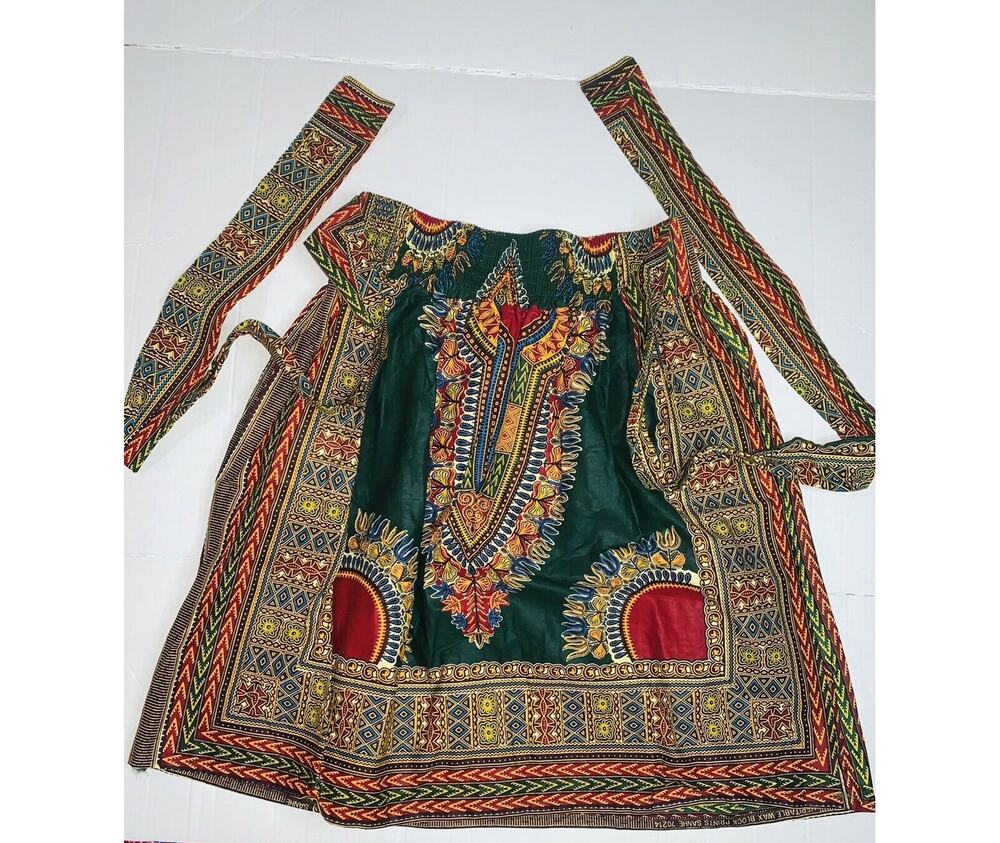 Dashiki Skirt Sash Green/Gold/Red Wax Block Print ft Inc CH9004 Free New Stiff